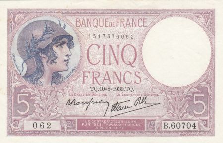 France 5 Francs - Violet - 10-08-1939 - Série B.60704 - F.04.05