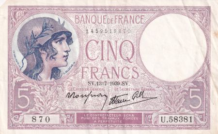 France 5 Francs - Violet - 13-07-1939 - Série U.58381