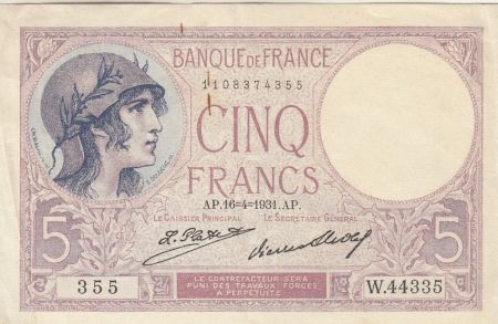 France 5 Francs - Violet - 16-04-1931 - Série W.44