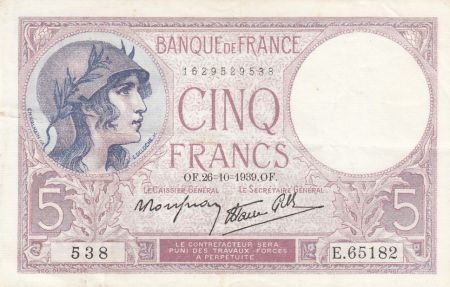 France 5 Francs - Violet - 26-10-1939 - Série E.65182