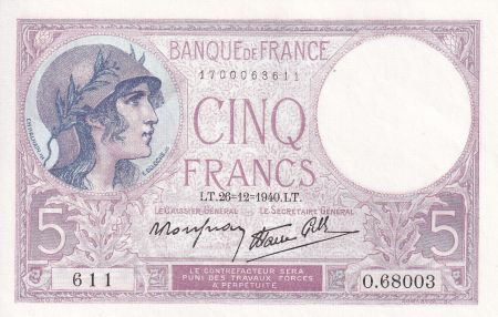 France 5 Francs - Violet - 26-12-1940 - Série O.68003 - F.04.18