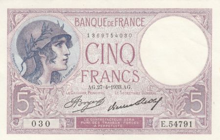 France 5 Francs - Violet - 27-04-1933 - Série E.54791