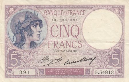 France 5 Francs - Violet - 27-04-1933 - Série G.54813