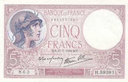 France 5 Francs - Violet - 27-07-1939 - Série H.59381