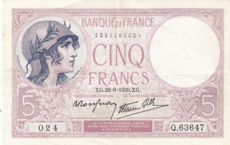 France 5 Francs - Violet - 28-09-1939 - Série Q.63647