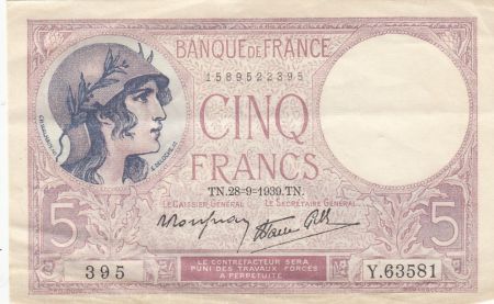 France 5 Francs - Violet - 28-09-1939 - Série Y.63