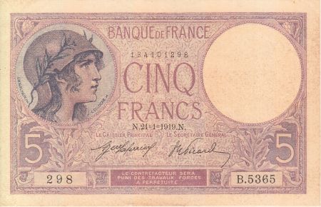 France 5 Francs 1919 Série B.5365 Violet