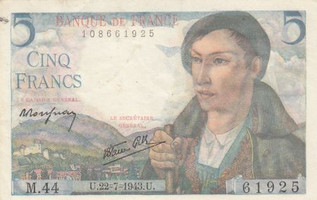 France 5 Francs Berger - 22-07-1943 - Série M.44