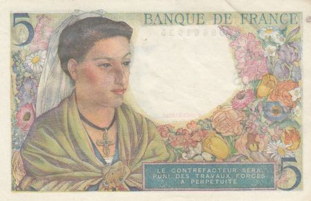 France 5 Francs Berger - 22-07-1943 - Série M.44