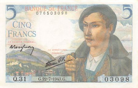 France 5 Francs Berger - 22-07-1943 - Série Q.31