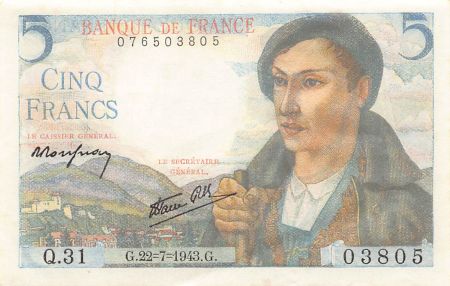 France 5 Francs Berger - 22-07-1943 - Série Q.31