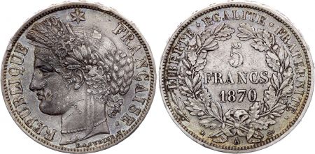 France 5 Francs Cérès - 3ème Rép. - 1870 A Paris - Argent