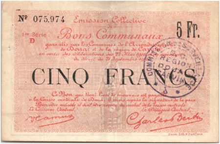 France 5 Francs Douai Commune - 1916