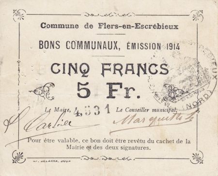 France 5 Francs Flers-En-Escrebieux Commune - 1914