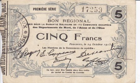 France 5 Francs Fourmies Commune - 1915