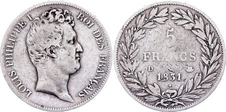 France 5 Francs Louis-Philippe 1831 D Lyon Argent - en creux