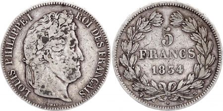 France 5 Francs Louis-Philippe I  - 1834 W Lille - Argent