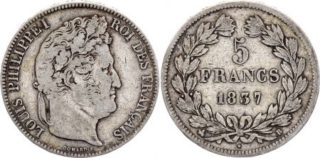 France 5 Francs Louis-Philippe I  - 1837 B Rouen - Argent