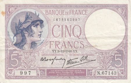 France 5 Francs Violet - 05-12-1940 - Série N.67