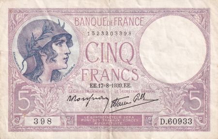 France 5 Francs Violet - 17.08.1939 - Série D.60933