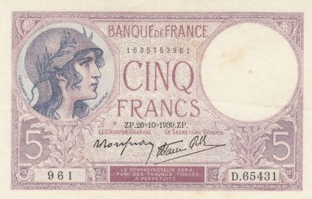 France 5 Francs Violet - 26-10-1939 Série D.65431