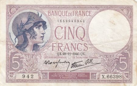 France 5 Francs Violet - 28-11-1940 - Série X.66