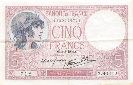 France 5 Francs Violet 03-08-1939 - Série X.60012