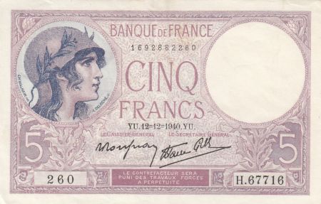 France 5 Francs Violet 12-12-1940 - Série H.67716