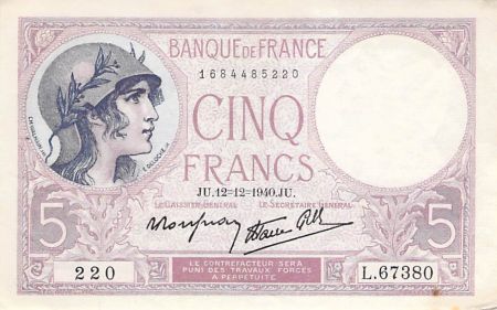 France 5 Francs Violet 12-12-1940 Série L.67380 - PSUP