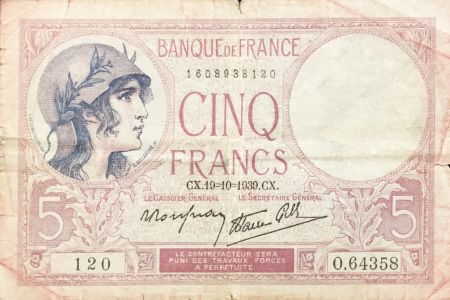 France 5 Francs Violet 19-10-1939 Série O.64358 - TB