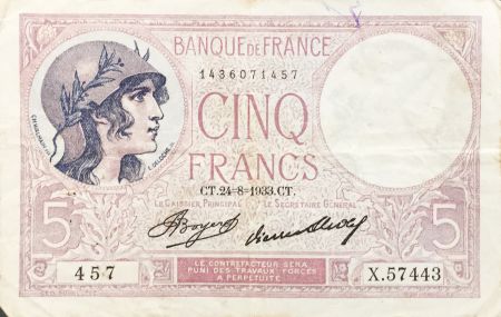 France 5 Francs Violet 24-08-1933 Série X.57443 - TTB