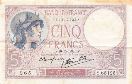 France 5 Francs Violet 26-10-1939 - Série Y.65125