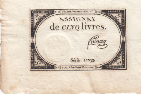 France 5 Livres - 10 Brumaire An II (31.10.1793) - Sign. Bancey - Série 22033