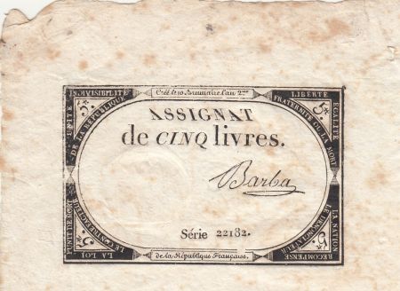 France 5 Livres - 10 Brumaire An II (31.10.1793) - Sign. Barba - Série 22182