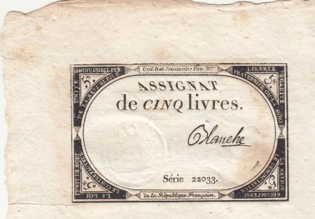 France 5 Livres - 10 Brumaire An II (31.10.1793) - Sign. Blanche - Série 22033