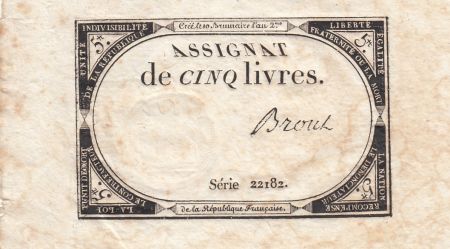 France 5 Livres - 10 Brumaire An II (31.10.1793) - Sign. Broul - Série 22182