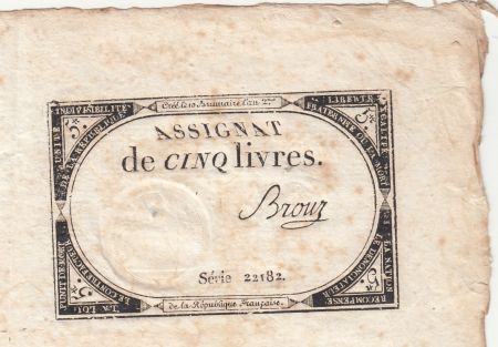 France 5 Livres - 10 Brumaire An II (31.10.1793) - Sign. Brouz - Série 22182