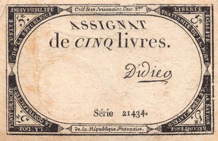 France 5 Livres - 10 Brumaire An II (31.10.1793) - Sign. Didier - Série 21434