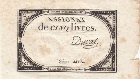 France 5 Livres - 10 Brumaire An II (31.10.1793) - Sign. Duval - Série 22182