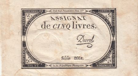 France 5 Livres - 10 Brumaire An II (31.10.1793) - Sign. Duval - Série 8662