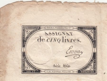 France 5 Livres - 10 Brumaire An II (31.10.1793) - Sign. Emon - Série 8662