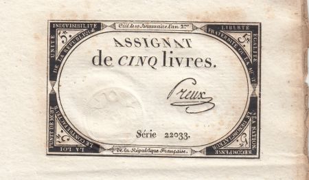 France 5 Livres - 10 Brumaire An II (31.10.1793) - Sign. Freux - Série 22033