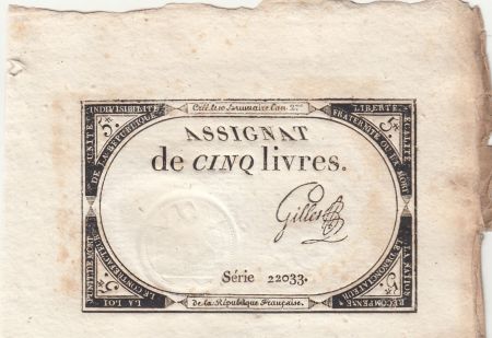 France 5 Livres - 10 Brumaire An II (31.10.1793) - Sign. Gilles - Série 22033