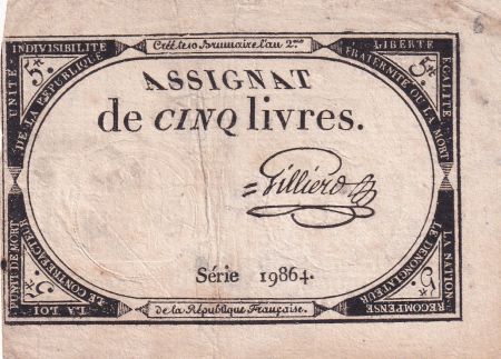 France 5 Livres - 10 Brumaire An II (31.10.1793) - Sign. Gilliero  - Série 19864