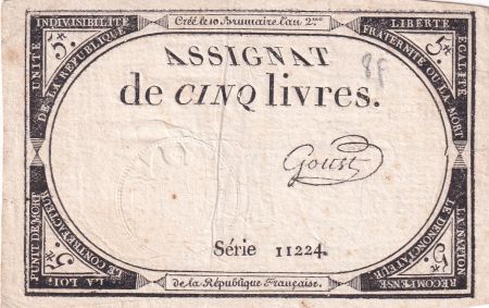 France 5 Livres - 10 Brumaire An II (31.10.1793) - Sign. Goust  - Série 11224