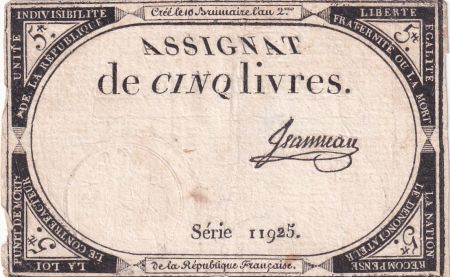 France 5 Livres - 10 Brumaire An II (31.10.1793) - Sign. Jeanneau - Série 11925