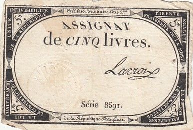 France 5 Livres - 10 Brumaire An II (31.10.1793) - Sign. Lacroix - Série 8591