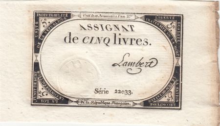 France 5 Livres - 10 Brumaire An II (31.10.1793) - Sign. Lambert - Série 22033