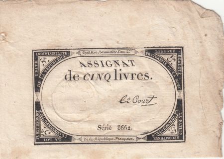 France 5 Livres - 10 Brumaire An II (31.10.1793) - Sign. Le Court - Série 8662