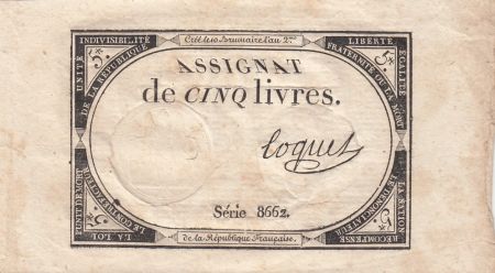 France 5 Livres - 10 Brumaire An II (31.10.1793) - Sign. Loquet - Série 8662